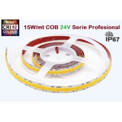 Tira LED Flexible 24V 15W/mt COB IP67 Blanco Cálido, Serie Profesional IRC >92, venta por metros